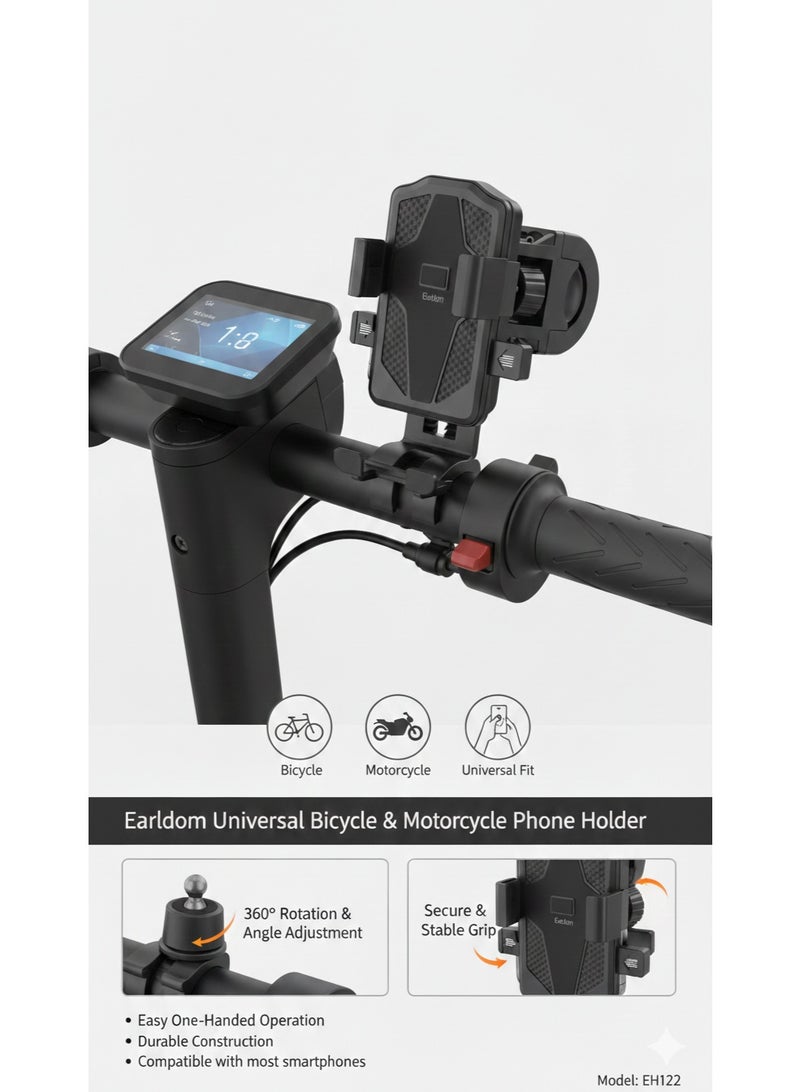 Earldom Universal Bike & Motorcycle Phone Mount – 360° Rotation Anti-Shake Handlebar Holder – Compatible with iPhone, Samsung, and All 4.5"–7.0" Smartphones – Ideal for Bicycle, Scooter, and Strollers (EH122) - Image 1